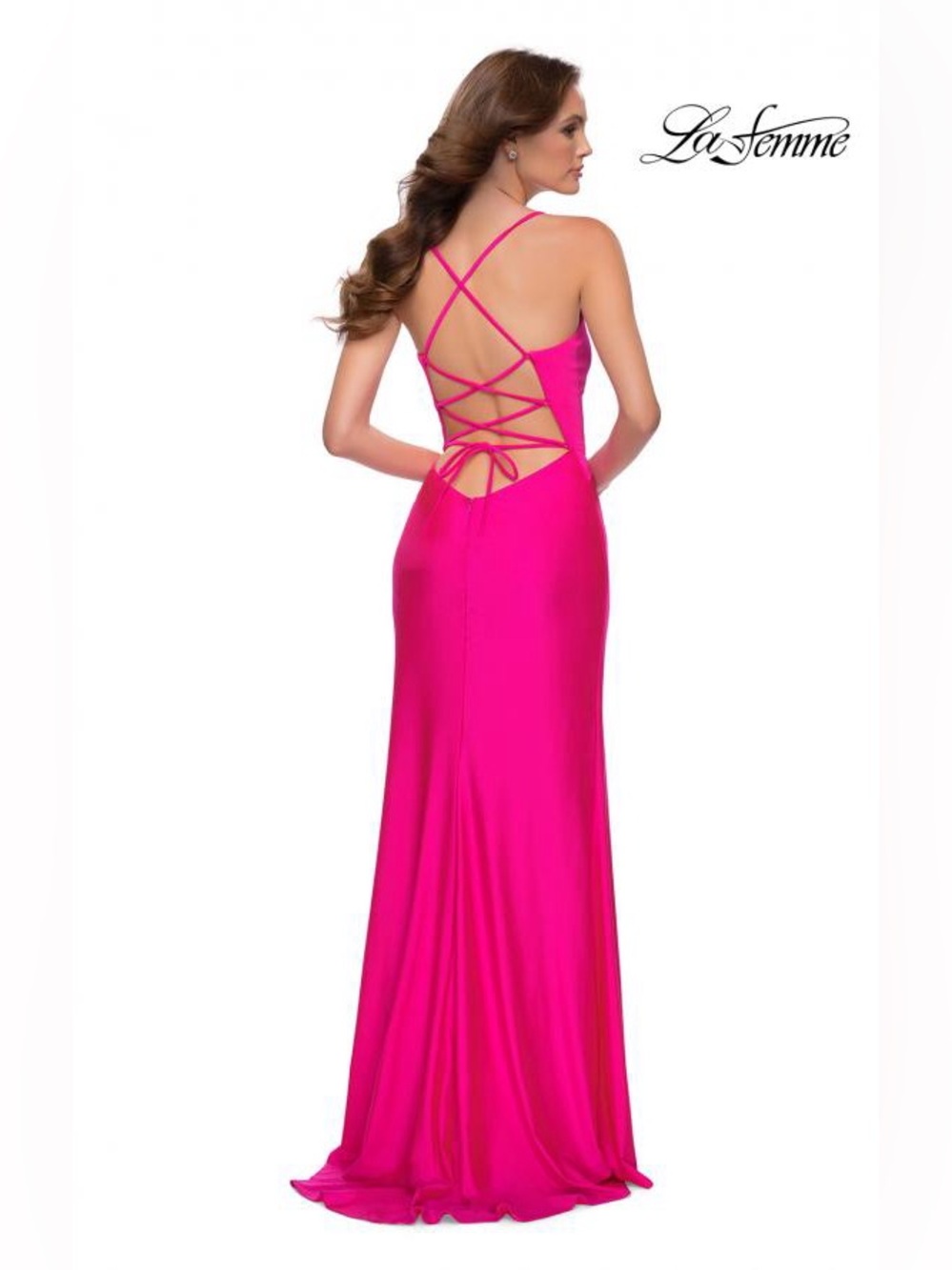 La Femme Hot Pink Long Jersey Gown Strappy Lace-Up Back